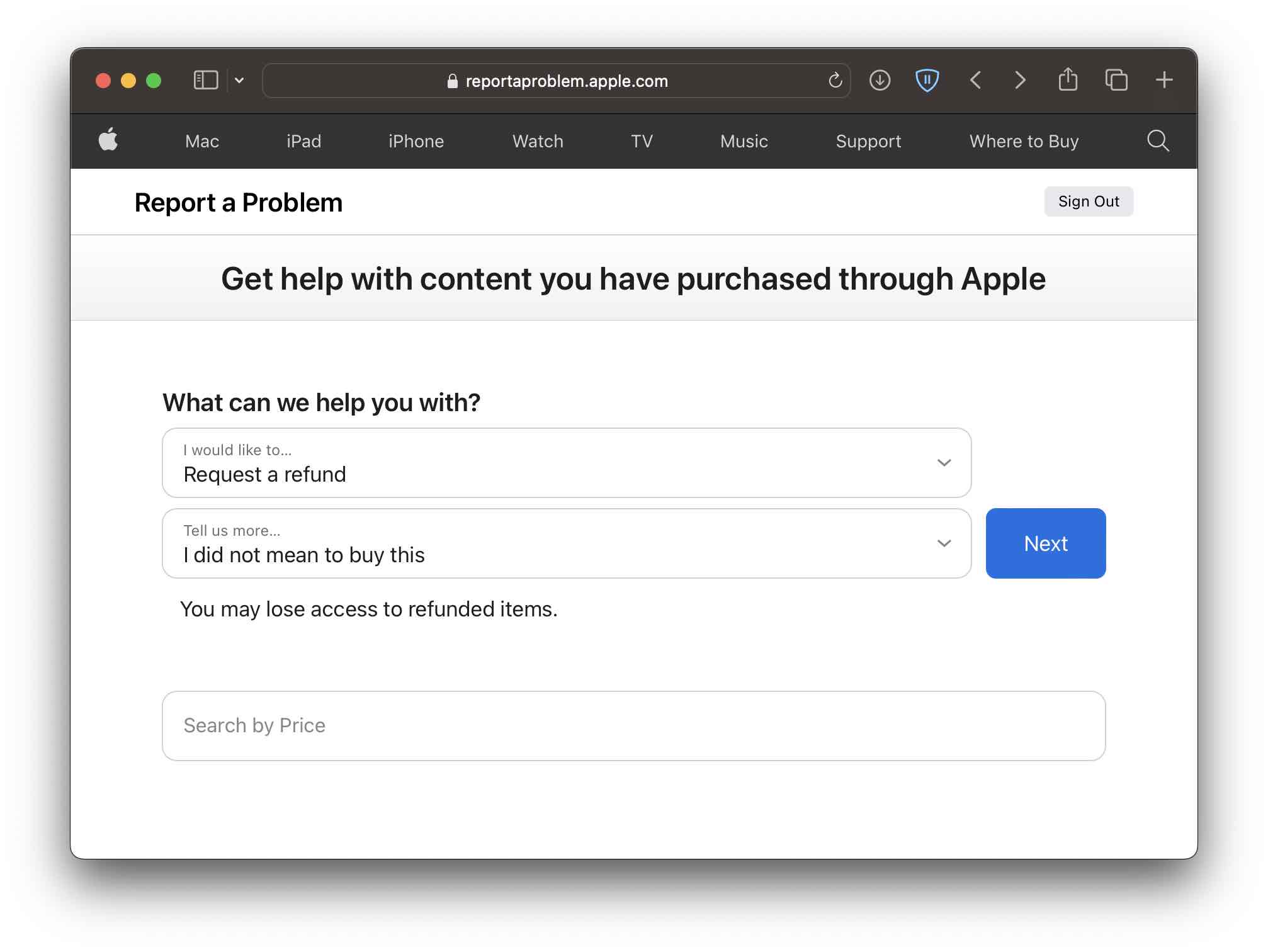 Apple Report a Problem - Request for Refund Form